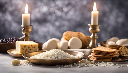 A festive table setting with lit candles, golden plates, and a variety of delicious foods.