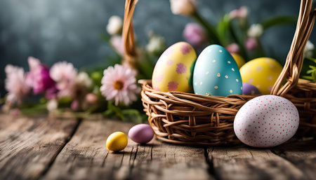 A beautiful basket filled with colorful Easter eggs, surrounded by blooming spring flowers. A...