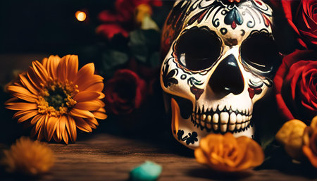 A close-up of a sugar skull decorated with traditional patterns, surrounded by red and orange...