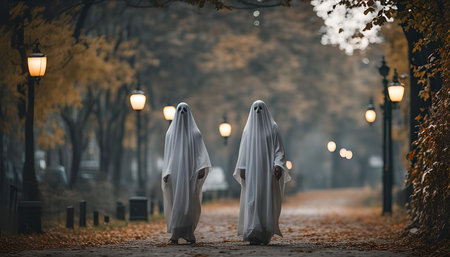 Two ghostly figures in white sheets walk down a path in an autumnal park, shrouded in mist and fog. The scene is set with lampposts and fallen leaves on the ground, creating a spooky and eerie atmosphere.の写真素材