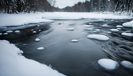 A frozen river flows through a snowy landscape, with trees lining the banks in the distance. The water is still, creating a sense of serenity.の写真素材