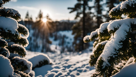A close-up of a snow-covered pine tree branch in a winter forest, with the sun shining through the branches in the background. The image is filled with serenity and peace, capturing the beauty of the winter landscape.の写真素材