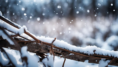 A close-up shot of a snow-covered branch with snowflakes falling around it.の写真素材