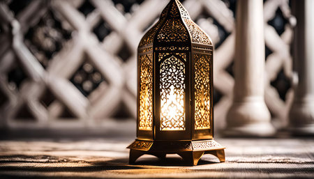 A close-up of a traditional ornate lantern with intricate details, illuminated with a warm glow. The lantern stands on a textured surface with a blurred background.の写真素材