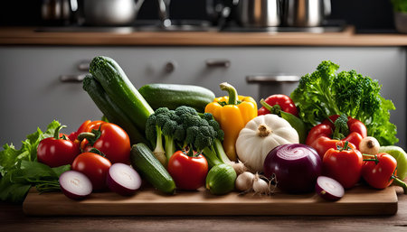 A collection of fresh vegetables, including tomatoes, zucchini, broccoli, onions, and garlic, are displayed on a wooden cutting board in a kitchen setting.の写真素材