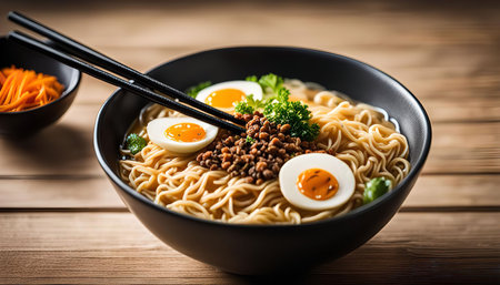 A close-up shot of a bowl of steaming ramen noodles topped with eggs, chopped parsley, and a savory broth. The chopsticks are resting on the rim of the bowl, ready to savor the delicious dish.の写真素材