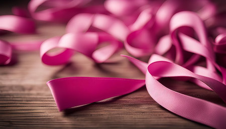 Close-up of a pink ribbon on a wooden surface, symbolizing breast cancer awareness.の写真素材