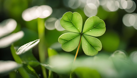 A close-up of a four-leaf clover, a symbol of luck and prosperity, with a blurred background of green leaves.の写真素材
