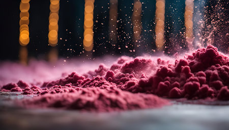 Pink powder explosion against a blurred background of bokeh lights.の写真素材