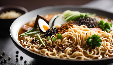 Close-up of a bowl of ramen noodles with a variety of toppings, including egg, vegetables, and meat.の写真素材
