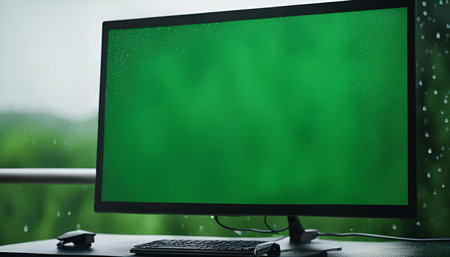 A computer monitor with a green screen sits on a desk in front of a window with rain drops. There's...