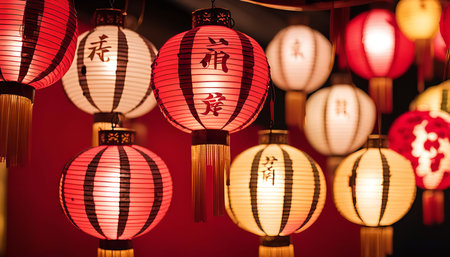 A close up shot of several Chinese lanterns hanging from a string, they are all lit with a warm yellow glow and create a festive atmosphere.の写真素材