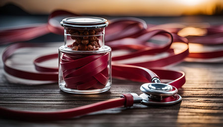 A close-up shot of a stethoscope and red ribbon on a wooden table, highlighting medical instruments...