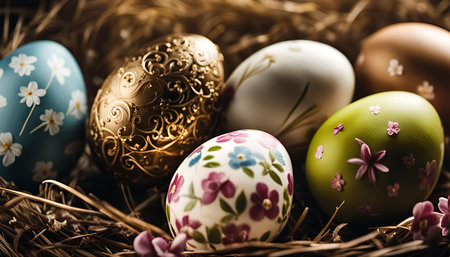 A close-up view of several decorated Easter eggs in a nest of hay. The eggs are painted with floral designs in a variety of colors and show the joy and celebration of spring.の写真素材