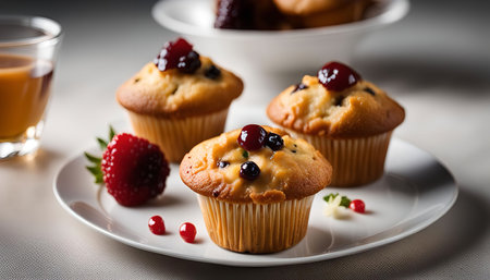 A plate of freshly baked muffins topped with berries, capturing the essence of sweet indulgence and culinary artistry.の写真素材
