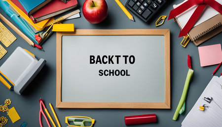 A flat lay image of various school supplies on a gray table with a whiteboard that says 'Back to...
