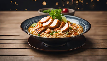 A bowl of delicious chicken noodle soup with fresh ingredients and a savory broth. Perfect for a comforting and flavorful meal.の写真素材