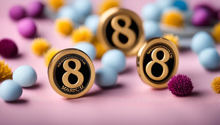 Close-up shot of gold coins with the number eight on them, representing International Women's Day, surrounded by small decorative flowers in pink, purple and yellow hues, set against a pink background.の写真素材