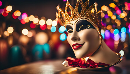 A close-up shot of a white mask with a golden crown, set against a backdrop of blurred festive lights.の写真素材