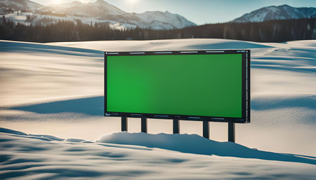 A green screen billboard stands tall in a snowy winter landscape, with mountains and trees in the background.の写真素材