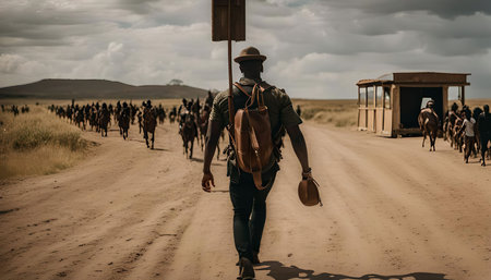 A lone man walks along a dusty path, carrying a backpack and a stick. He is walking towards a group of people on horses, who are in the distance. The landscape is vast and open, with a few scattered trees and a bright blue sky. The overall mood is one of adventure and exploration, with the man symbolizing a lone wanderer.の写真素材