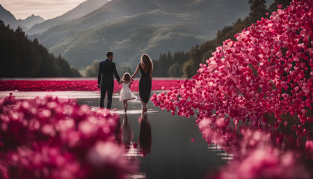 A family of three walks on a lake filled with floating hearts, surrounded by mountains in the...