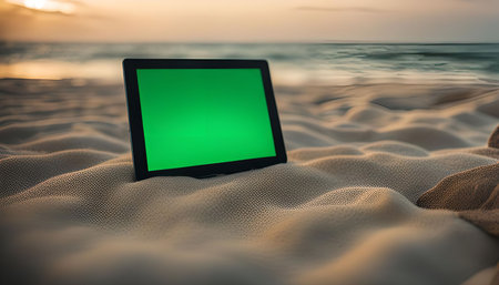 A tablet with a green screen sits on the sand of a beach at sunset with the ocean in the backgroundの写真素材