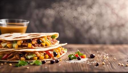 Close-up shot of two quesadillas filled with black beans, cheese, and vegetables served on a wooden table with a bowl of salsa in the background.の写真素材