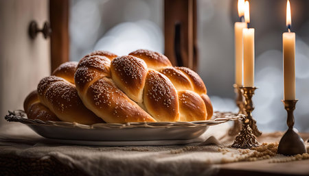 A traditional challah bread loaf with candles on a table, symbolizing Shabbat, the Jewish day of rest.の写真素材