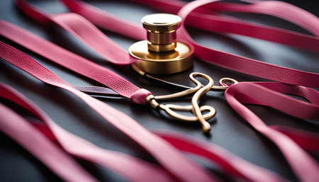 A closeup image of gold jewelry with pink ribbons on a dark background, showing the detail of the intricate design and the contrasting colors.の写真素材