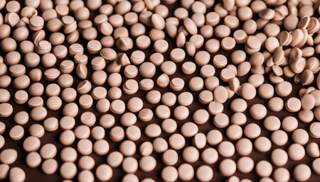 A close-up of a pattern of small beige round objects that create a visually appealing, abstract...