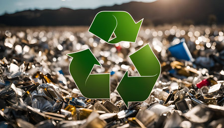 A large green recycling symbol sits atop a pile of garbage and trash in a landfill.の写真素材