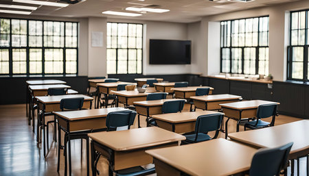 An empty classroom with rows of desks and chairs, ready for students and teachers. The room is bright and well-lit with large windows and clean lines.の写真素材