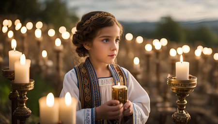 A young girl stands in a field of lit candles, holding one herself, her gaze lost in thought.の写真素材