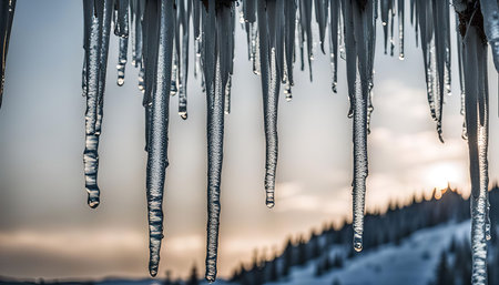Close up of icicles hanging from a roof with a sunset in the background.の写真素材