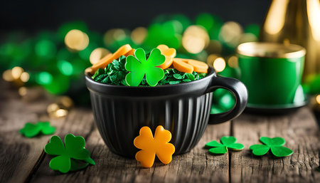 A close-up shot of a black cup filled with shamrocks and gold coins, a symbol of good luck and...