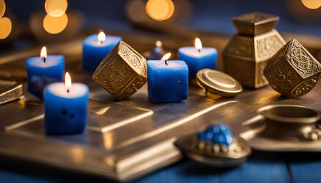 A still life photo showcasing blue candles and golden ornamented boxes on a table, creating a warm and inviting ambiance.の写真素材