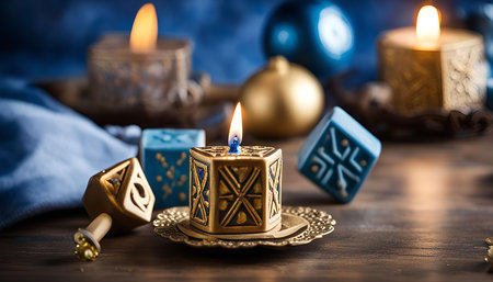 A close-up shot of a lit Hanukkah candle with a dreidel and other decorative items in the...