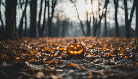 A jack-o'-lantern sits on a bed of autumn leaves in a dark and mysterious forest. The glowing candle inside the pumpkin creates a spooky atmosphere and symbolizes the spirit of Halloween.の写真素材