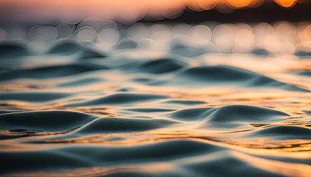 A close-up image of water ripples reflecting the golden light of sunset. The abstract pattern of the water surface creates a serene and peaceful scene.の写真素材
