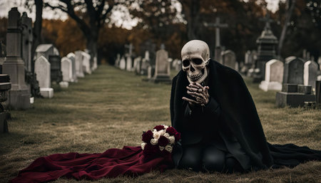 A skeleton dressed in a black cloak and suit, sits in a graveyard holding a bouquet of red and white...