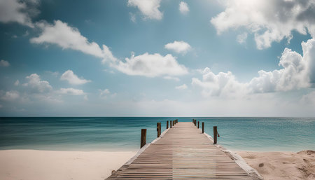 A wooden pier extends out into the turquoise blue water of a tropical beach. The sky is a brilliant blue with fluffy white clouds and the horizon stretches out in the distance.の写真素材