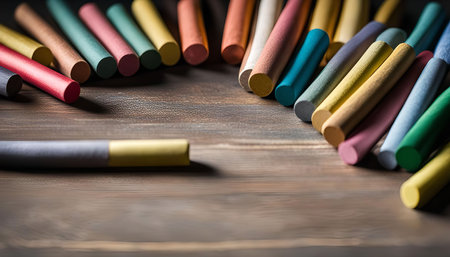 A variety of colorful chalk sticks arranged on a wooden surface, creating a vibrant and artistic composition.の写真素材