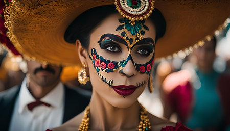 A woman with elaborate Day of the Dead makeup, complete with a sugar skull design and flowers, wearing a sombrero.の写真素材