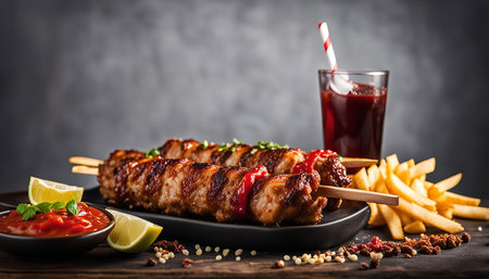 Grilled chicken skewers with a side of French fries and tomato sauce. Delicious and easy to eatの写真素材