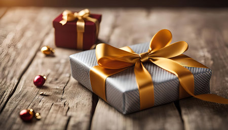 Two wrapped gifts with golden ribbons and bows on a rustic wooden background. The image creates a festive atmosphere and represents joy and celebration.の写真素材