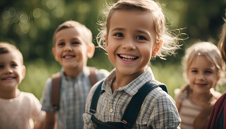 A group of happy kids enjoying their time in the outdoors, smiling and looking at the camera.の写真素材