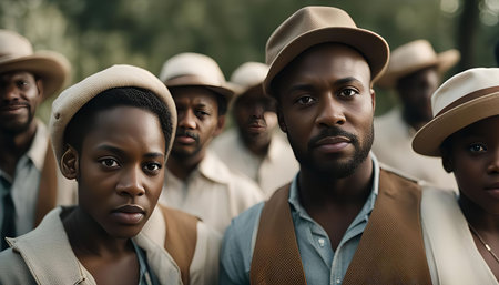 A group of African people in hats, looking directly at the camera with serious expressionsの写真素材