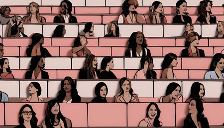 The illustration depicts a diverse group of women seated in rows of chairs, possibly at a conference or gathering. They look engaged and interested, suggesting they are all attendees of the event.の写真素材