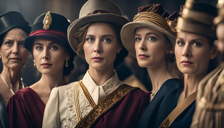 Five women, each wearing formal attire, are looking directly at the camera, with serious expressions on their faces.の写真素材